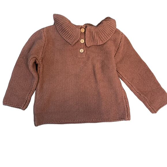 Quincy Mae Ruffle Collar Knit Sweater Pecan 6-12 Months New With Tags - Picture 3 of 8